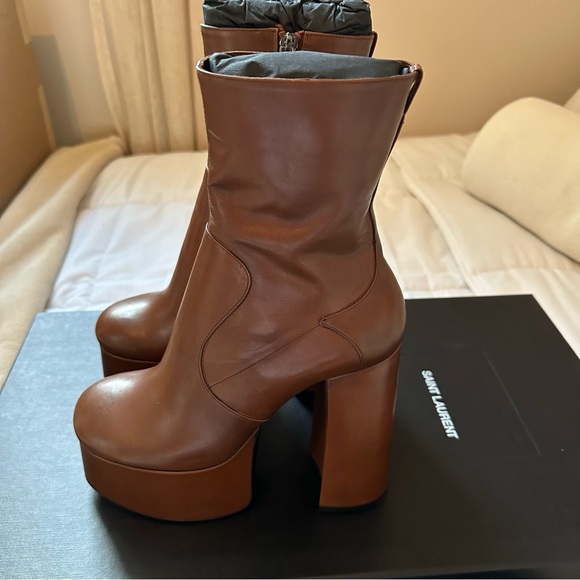 Saint Laurent Billy 85 Platform Booties Butternut Fonce Canguro Anilina 38.5 New - Picture 2 of 9